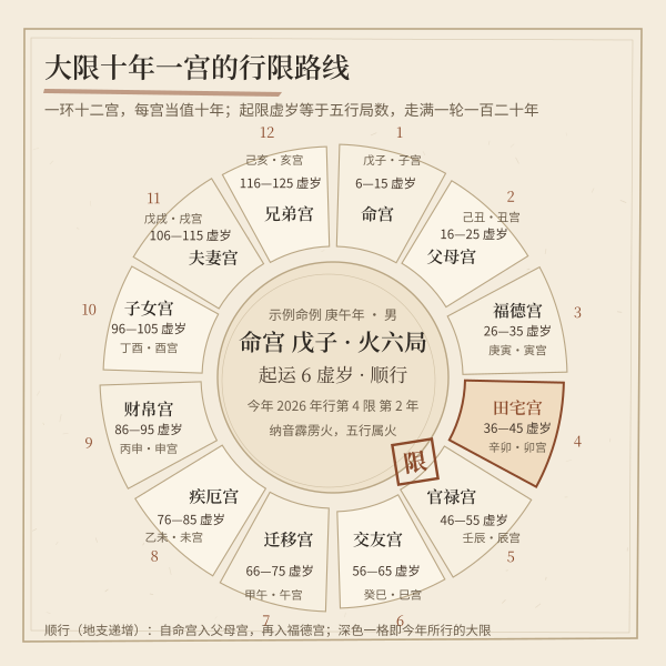 十二步大限沿宫位推进的环形排布（示例命例实算）